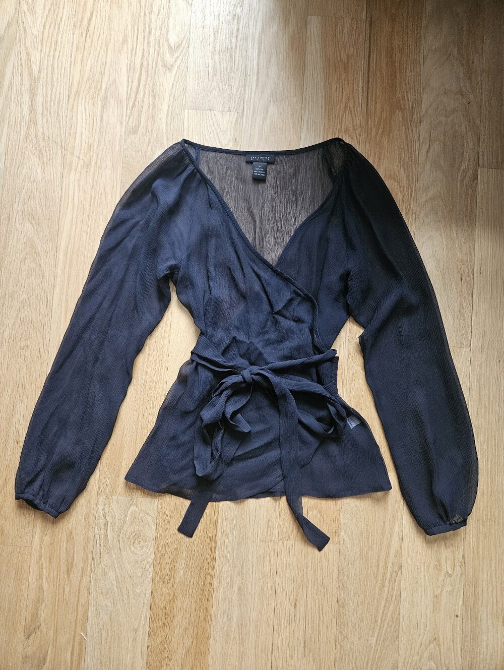 Vintage 90s The Limited Navy Blue Sheer 100% Silk Wrap Blouse Medium